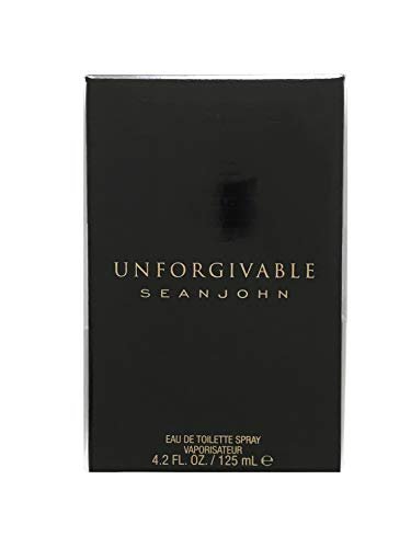 Front view of Sean John Unforgivable men's cologne matte black box with gold lettering and eau de toilette labeling.