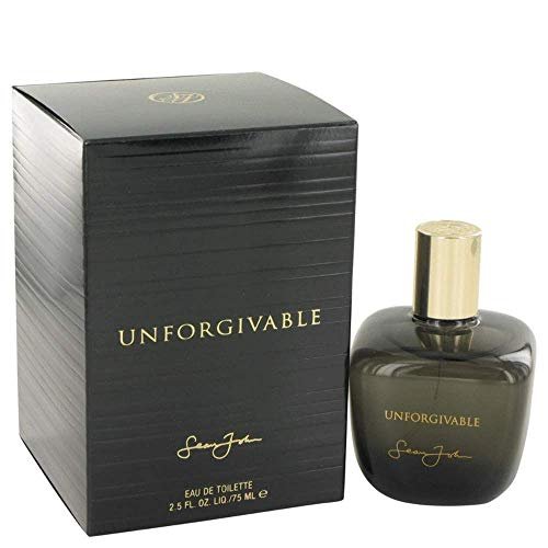 Sean John Unforgivable 2.5 oz men's cologne bottle with dark smoky glass and gold cap beside black striped box.