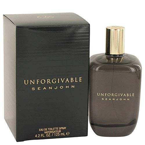 Sean John Unforgivable 4.2 oz men's cologne large bottle with dark glass and gold cap next to black packaging box.